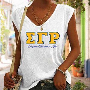Camiseta sin mangas informal blanca con estampado de letras para mujer, estilo griego, top de verano, cómoda para uso diario, ropa personalizada - Product Image 1