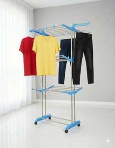 Modern Three Tier <b>Stainless</b> <b>Steel</b> Foldable Clothing Drying <b>Rack</b> And Movable Laundry Organizer With Chrome Finish For Indoor - Product Image 4