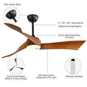 52-Inch Matte Black Home <b>Ceiling</b> Fan with <b>Dimmable</b> 3-Color <b>LED</b> <b>Light</b> 3-Solid Wood Blades Remote Control Reversible DC Motor - Product Image 6