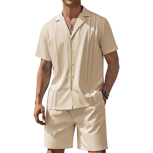 Conjunto de Camisa y Pantalones Cortos de Verano para Hombre, Estilo Guayabera con Cuello Cubano, Plisado Vertical, 2 Piezas - Product Image 3