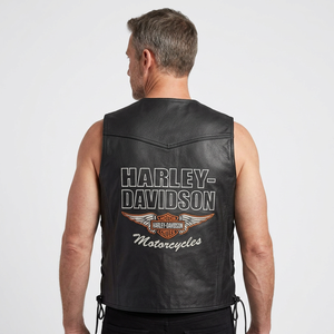 H-D Men's Genuine Leather Waterproof Breathable Windproof Autumn Moto <b>Vest</b> Embroidered Logo Back Solid <b>Black</b> Outer Wear - Product Image 1