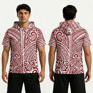 T-shirt d'entraînement à manches courtes à capuche en polyester rouge foncé avec sublimation, tissu sport respirant, à séchage rapide et anti-humidité - Product Image 6