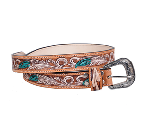 Luxury Western Cowboy Hand Tooled Leather <b>Beaded</b> Belt Alloy Pin Buckle Genuine Leather Feather Designer Belt - Product Image 3