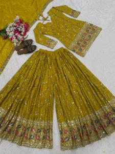 Ensemble Sharara en soie jaune pour femme avec broderie et dupatta pour mariage, robe traditionnelle indienne et pakistanaise longue jusqu'au sol - Product Image 4
