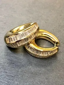 Luxury <b>Simulated</b> Lab Grown Baguette Cut <b>Diamond</b> Unisex Huggies Earring in 14K Yellow Gold Plated - Product Image 4