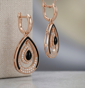 Rose Gold Teardrop Dangle Earrings Alloy <b>Drop</b> Earrings Black Stone Crystal Halo Jewelry for Women - Product Image 1