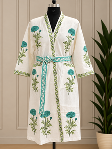 Peignoir Kimono en Coton Imprimé à la Main Motif Floral Marigold Col en V pour Femme et Homme, Robe de Spa, Vêtement Décontracté, Tenue de Salon d'Hôtel, Vente en Gros - Product Image 2