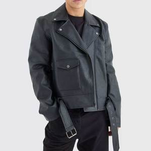Chaqueta de cuero genuino para hombre con cierre de cremallera y detalle de cinturón, para otoño e invierno. - Product Image 3
