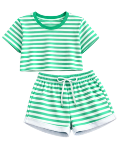 Conjunto de Top Corto y Pantalones Cortos a Rayas Verdes y Blancas para Mujer, Estilo Casual de Verano, Dos Piezas, Cintura Elástica, Ropa de Salón, Ropa Urbana, OEM - Product Image 1