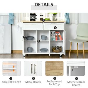 Carrello da Cucina Portatile Bianco con Piano in Legno Resistente e 2 Cassetti - Product Image 5