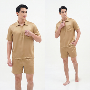 ชุดเสื้อเชิ้ตผ้าไหมแขนสั้นสำหรับผู้ชาย คอปกเสื้อแบบพับได้ ชุดนอนผ้าซาตินพร้อมกระเป๋า ชุดนอนฤดูร้อนสำหรับผู้ชาย - Product Image 5