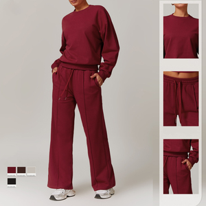 Conjunto de Yoga de 2 Piezas para Mujer, Color Sólido, Sudadera con Cuello Redondo, Pantalones Largos con Cordón Ajustable, Transpirable, Ropa Deportiva - Product Image 1