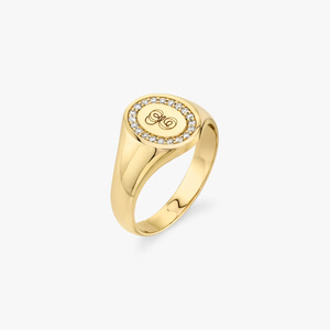 Gold Monogram Signet <b>Ring</b> Round Diamond Halo Engraved Letter <b>Ring</b> Custom <b>Name</b> Jewelry Gift - Product Image 1