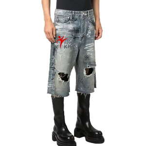 Pantalones cortos de mezclilla para hombre, con lavado ácido, efecto desgastado, pedrería, doble rodilla, estilo vintage, con efecto desgastado, lisos, tipo cargo, holgados y baggy - Product Image 1