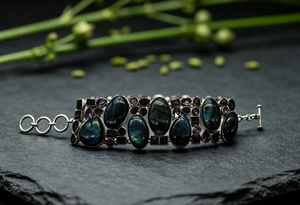 Bohemian Tibetan <b>Silver</b> <b>Cuff</b> <b>Bracelet</b> With Amethyst And Multistone Bezel Setting For Women - Product Image 2