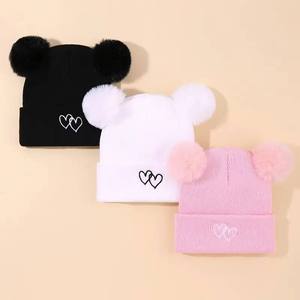 Baby Beanie Hat With Pom Poms Embroidered Hearts Solid Color <b>Winter</b> <b>Cap</b> Unisex Knitted Warm Hat - Product Image 1