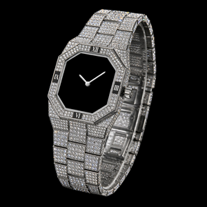 Montre octogonale sertie de diamants avec cadran noir, chiffres romains, montre-bracelet de luxe entièrement pavée - Product Image 1