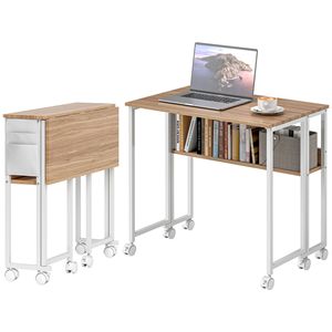 Tavolino per Laptop in Legno Naturale con Ripiano Portaoggetti e Ruote per Spazi Ristretti - Product Image 1