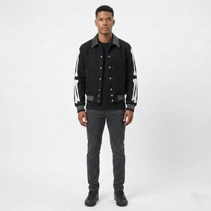 Veste universitaire noire pour homme avec broderie squelette blanc sur les manches, col rabattu, tenue décontractée pour l'automne - Product Image 2