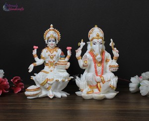 Statue de Laxmi Ganesh en résine de poussière de marbre |   Ensemble d'idoles de dieux hindous en or blanc |   Décoration de temple à domicile pour Diwali - Product Image 2