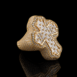 Luxury Geometric Cocktail <b>Ring</b> With Round and Baguette Cut Moissanite Pave Setting Diamond Yellow Gold Plated Unisex Party Wear - Product Image 1