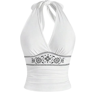 <b>Women's</b> <b>White</b> Halter <b>Tank</b> <b>Top</b> With Black Embroidery Bohemian Style Breathable Knitted Spandex Polyester <b>Top</b> - Product Image 1