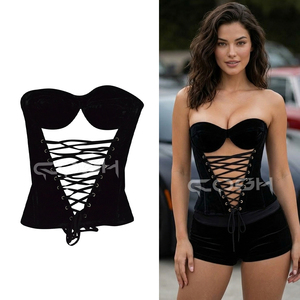 Corsé gótico negro de terciopelo personalizado OEM con cordones en la parte delantera, corsé moldeador de cintura para mujer - Product Image 5