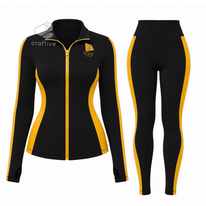 NCBW Women's <b>Black</b> Workout <b>Set</b> With Golden Contrast Side Panels Stand Collar Full Zip Jacket High Waist Leggings Activewear <b>Set</b> - Product Image 1