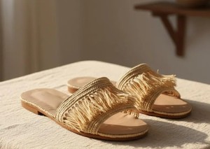 Handmade Raffia Sandals Morocco | Women's Natural Straw <b>Slides</b>, Summer Boho Shoes - Product Image 2