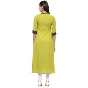 Womens Green Cotton Slub Patch Work A Line Kurta With Round Neck <b>Three</b> Fourth Sleeves Designed For Global Ethnic Casual Wear - Product Image 4