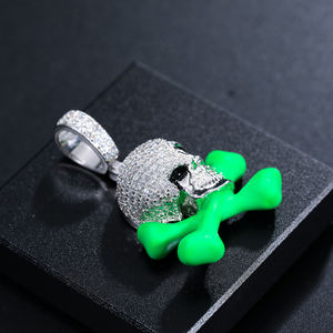 Iced Out Skull and Crossbones Glow Green Moissanite Pendant Necklace Hip Hop Punk Jewelry for Men Women Party - Product Image 2