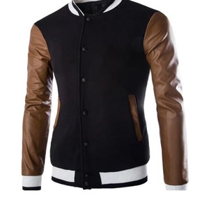 Blouson universitaire en cuir bleu marine, marron et blanc, avec manches en cuir, vêtement d'extérieur premium de type Letterman, fabricant sur mesure - Product Image 1