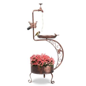 36-Inch Vintage Metal Garden Bird Bath with Solar Lamp Flower Planter Pedestal Outdoor Standing Bird Feeder Solar Garden Lights - Product Image 2