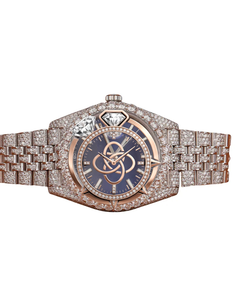 Montre de luxe pour homme en or rose, analogique, bleue, entièrement sertie de cristaux, bracelet en acier inoxydable, quartz, résistance à l'eau 10 bars, personnalisable - Product Image 1