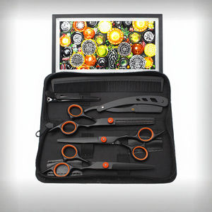 Kit de ciseaux à effiler de barbier en acier inoxydable de haute qualité, avec étui en cuir à fermeture éclair - Product Image 1
