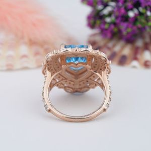 Bague en argent pur S925 plaqué or rose avec pierre précieuse aigue-marine taille cœur, personnalisée en usine, vente en gros, nouvelle collection, luxe léger, pour mariage - Product Image 4