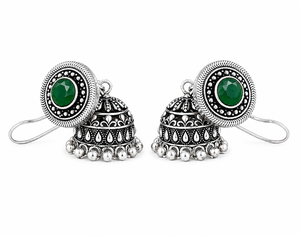 Proveedor Mayorista de Pendientes Jhumka de Plata Oxidada con Piedra Verde, Joyería Étnica Tribal Boho Hecha a Mano, Regalo para Mujer - Product Image 3