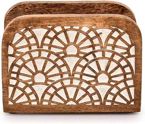 Porta servilletas de madera de mango, tamaño compacto para mesa, diseño de panel curvo, decoración pequeña para mesa de cocina o comedor, estilo rústico, para restaurante o casa de campo. - Product Image 1