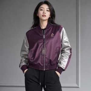 <b>Women</b> Streetwear <b>Bomber</b> <b>Jacket</b> Polyester Fabric Ribbed Collar Cuffs Zip Front Relaxed Fit <b>Lightweight</b> Modern Casual Apparel OEM - Product Image 1
