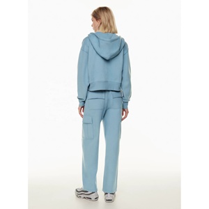 Pantalon cargo en polaire bleu clair pour femme, taille mi-haute, coupe ample, longueur intégrale, couleur unie, décontracté, idéal pour le printemps, avec poches – Meilleures ventes - Product Image 2