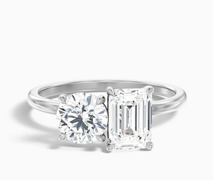 Round and <b>Emerald</b> Cut Moissanite <b>Ring</b> 925 Sterling <b>Silver</b> Yellow Gold Plated Two Stone Engagement <b>Ring</b> Dainty Wedding Jewelry - Product Image 1