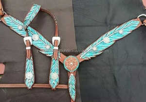 Juego de tachuelas de caballo pintadas con plumas turquesa, Conchos de cristal, placa de pecho, cuero genuino, artículos ligeros para caballos de temporada - Product Image 2
