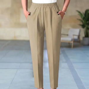 Pantalones de poliéster de cintura alta para mujer, de pierna recta, con pliegues frontales, cintura elástica, color beige, casuales, largos, resistentes a las arrugas - Product Image 5