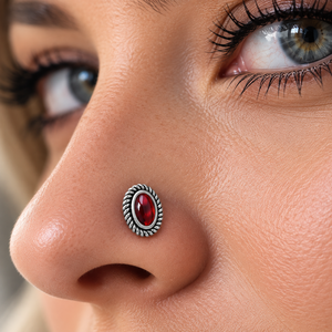 Indian Mores 925 Sterling <b>Silver</b> Oval Garnet Cup Set <b>Nose</b> Pin <b>Stud</b> Signature Artisan Gemstone Jewelry for Women Girls - Product Image 1