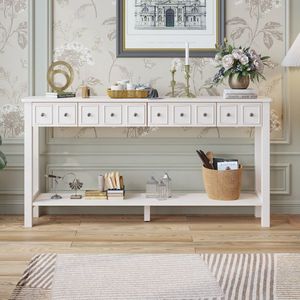 Long White Narrow Entryway Console Table with Different Sizes Drawers Bottom Shelf & Storage Code 71522742 - Product Image 1