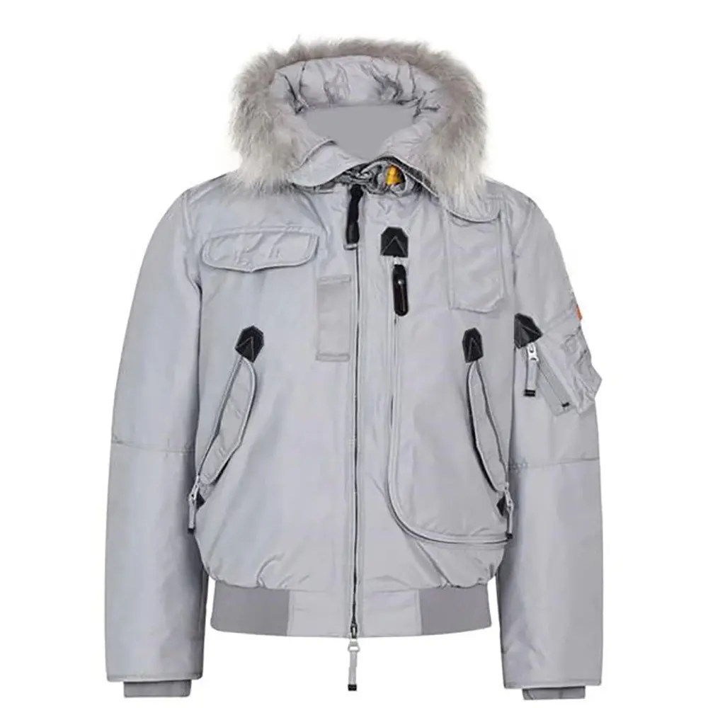 Wholesale Customized New Design Lightweight Slim Fit Out Door Men Grey Fur Hooded Bomber Jacket