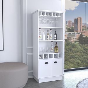 Mobile bar alto Dundee da 70 pollici, bianco, con 10 ante in vetro, 5 scomparti e 3 ripiani aperti - Product Image 1