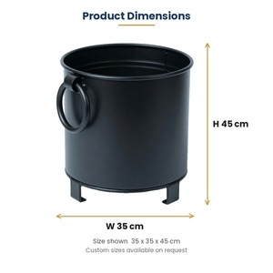 Jardinière cylindrique en métal noir faite à la main sur support avec poignées en anneau, en fer thermolaqué, moderne, pour intérieur et extérieur, 35x35x45cm - Product Image 4