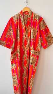 Robe longue pour femme à imprimé tigre rouge, manches trois quarts, col mandarin, vêtements de nuit décontractés, tissu tissé 100% coton - Product Image 5