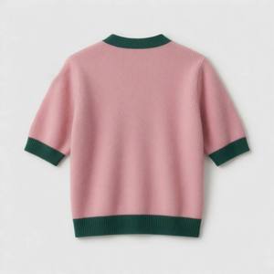 เสื้อคาร์ดิแกนถักแขนสั้นคอวีสีชมพูแต่งขอบสีเขียวสำหรับผู้หญิง สไตล์พรีปปี้ ติดกระดุมแถวเดียว - Product Image 4